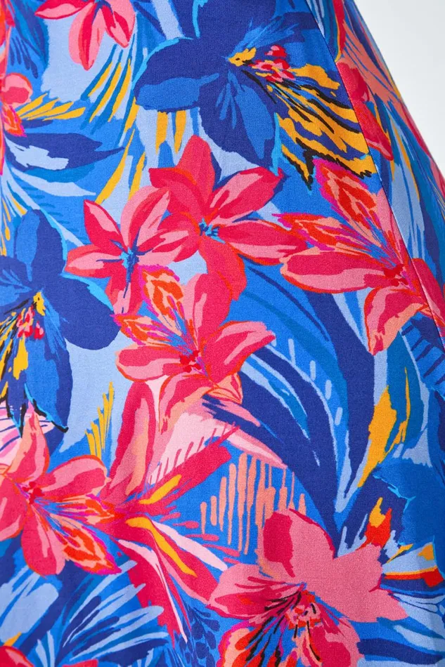 Women Blue Tropical Floral Stretch Panel A Line Skirt Roman Skirts