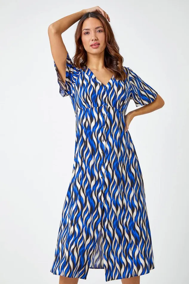 Women Blue Wave Print Button Detail Midi Dress Roman Dresses