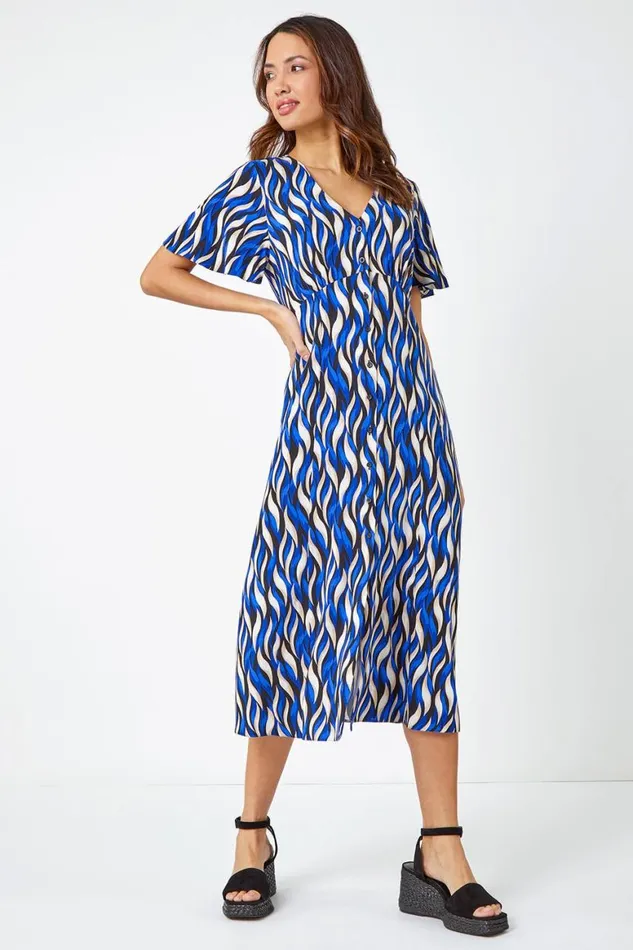 Women Blue Wave Print Button Detail Midi Dress Roman Dresses