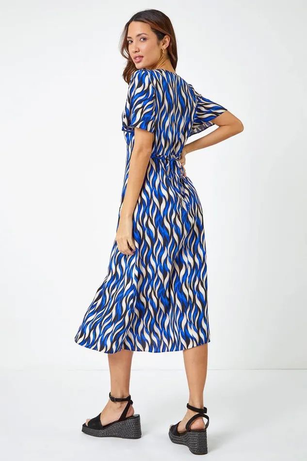 Women Blue Wave Print Button Detail Midi Dress Roman Dresses