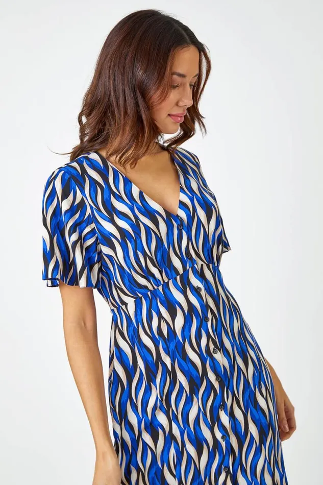 Women Blue Wave Print Button Detail Midi Dress Roman Dresses
