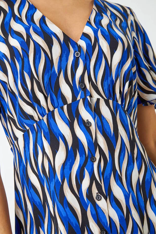 Women Blue Wave Print Button Detail Midi Dress Roman Dresses