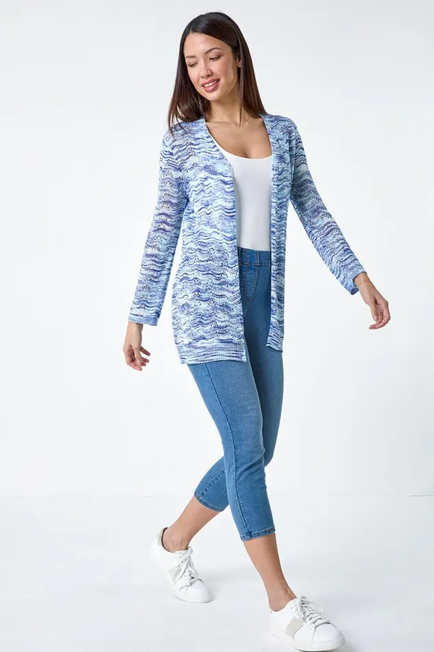 Women Blue Wave Print Pointelle Knit Cardigan Roman Knitwear