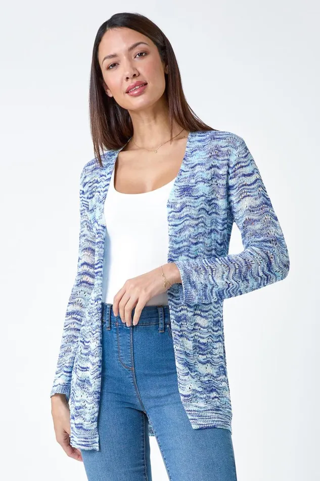 Women Blue Wave Print Pointelle Knit Cardigan Roman Knitwear