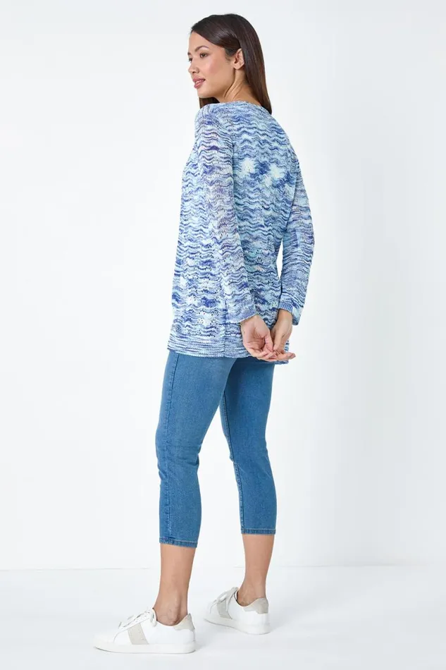 Women Blue Wave Print Pointelle Knit Cardigan Roman Knitwear