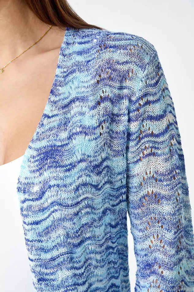 Women Blue Wave Print Pointelle Knit Cardigan Roman Knitwear