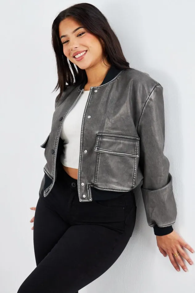 Women Bomber Noir En Simili Cuir Black Brentiny Paris White Tops