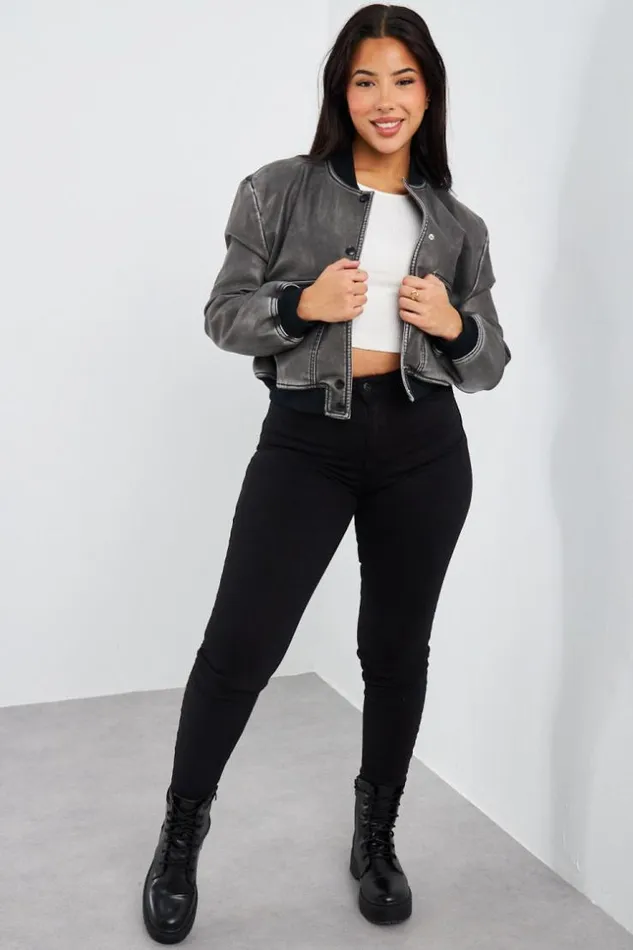 Women Bomber Noir En Simili Cuir Black Brentiny Paris White Tops