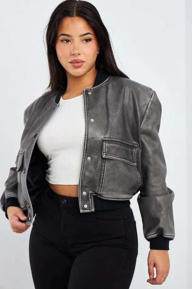 Women Bomber Noir En Simili Cuir Black Brentiny Paris White Tops