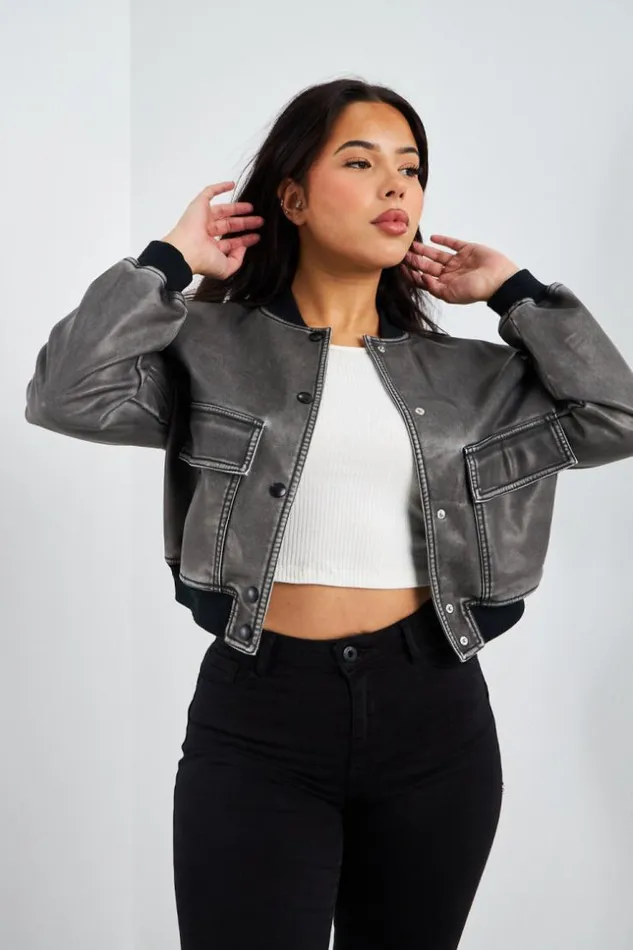 Women Bomber Noir En Simili Cuir Black Brentiny Paris White Tops