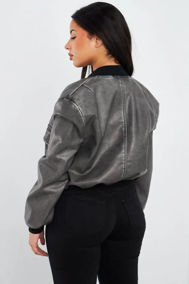 Women Bomber Noir En Simili Cuir Black Brentiny Paris White Tops