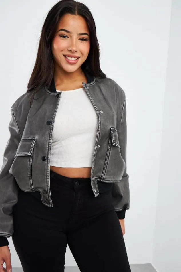 Women Bomber Noir En Simili Cuir Black Brentiny Paris White Tops