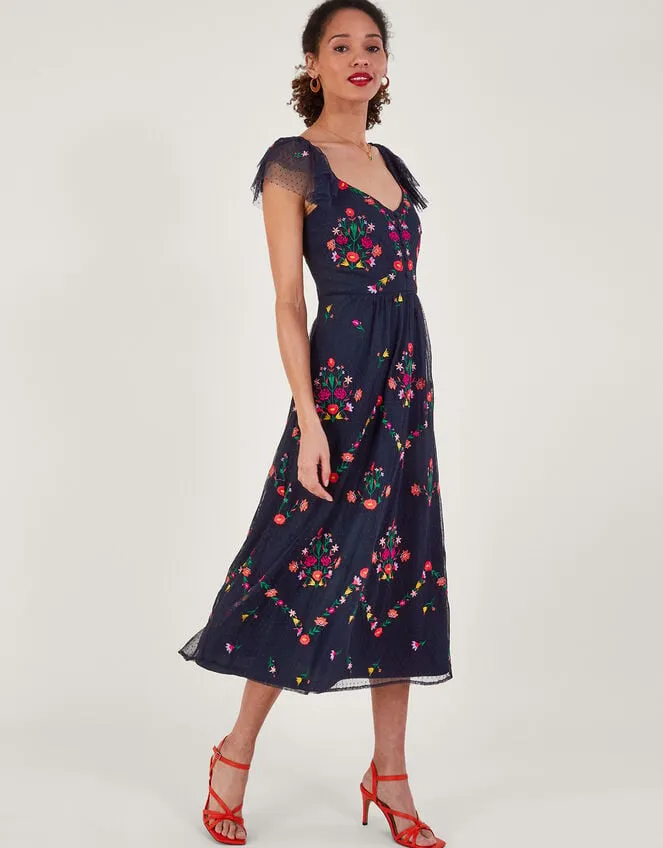 Women Bonnie Floral Embroidered Tea Dress Blue Monsoon Occasionwear