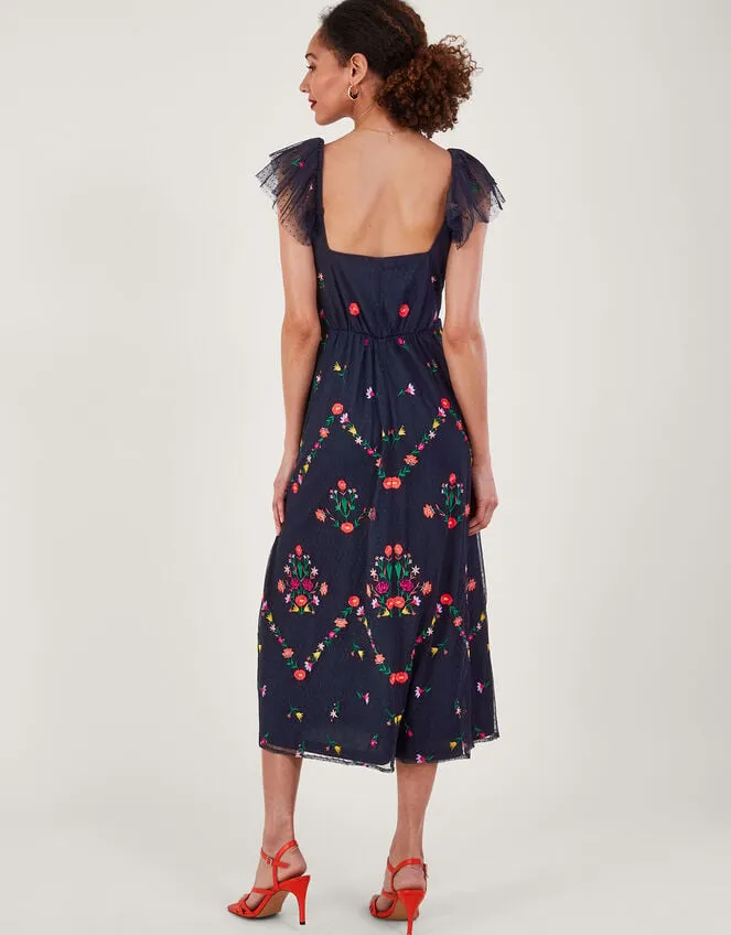 Women Bonnie Floral Embroidered Tea Dress Blue Monsoon Occasionwear