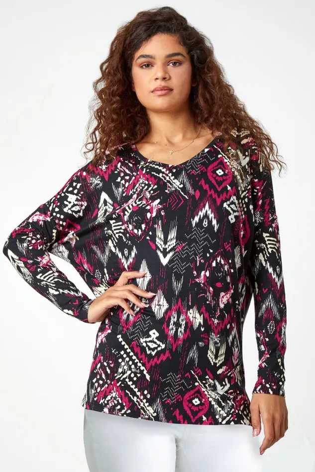Women Bordeaux Aztec Print VNeck Stretch Tunic Top Roman Tops