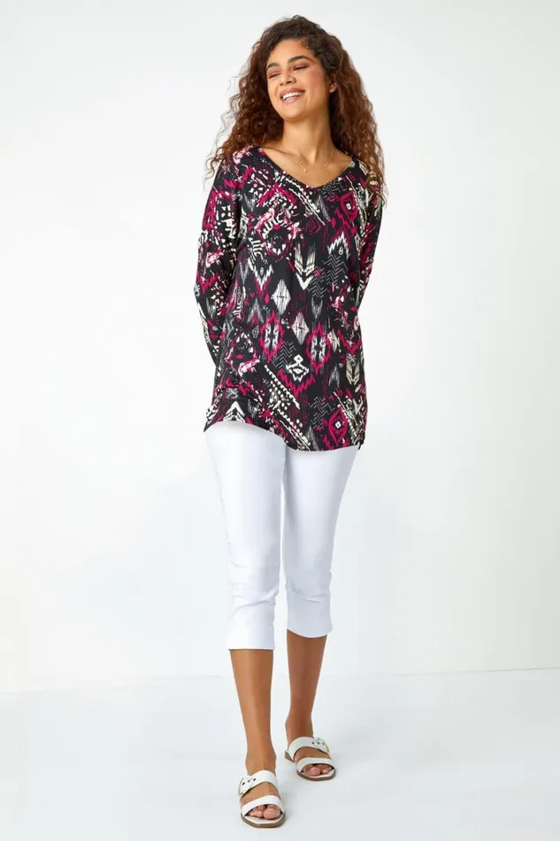 Women Bordeaux Aztec Print VNeck Stretch Tunic Top Roman Tops
