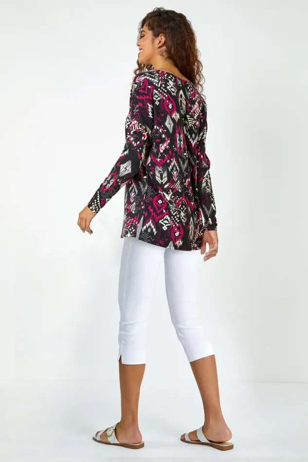 Women Bordeaux Aztec Print VNeck Stretch Tunic Top Roman Tops
