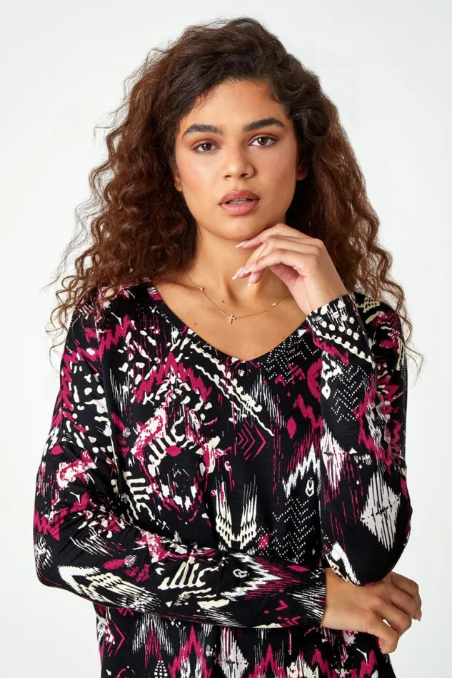 Women Bordeaux Aztec Print VNeck Stretch Tunic Top Roman Tops
