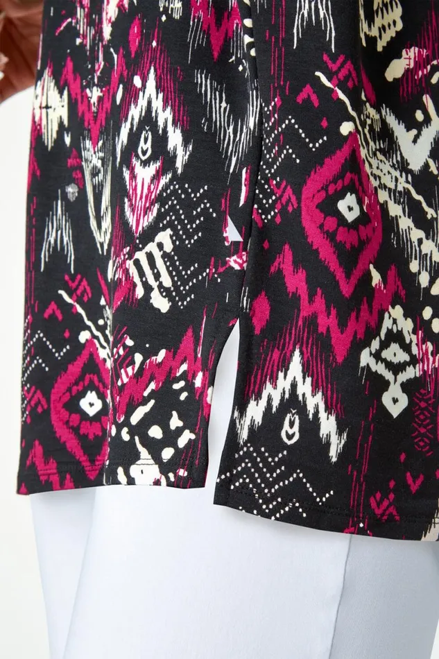 Women Bordeaux Aztec Print VNeck Stretch Tunic Top Roman Tops