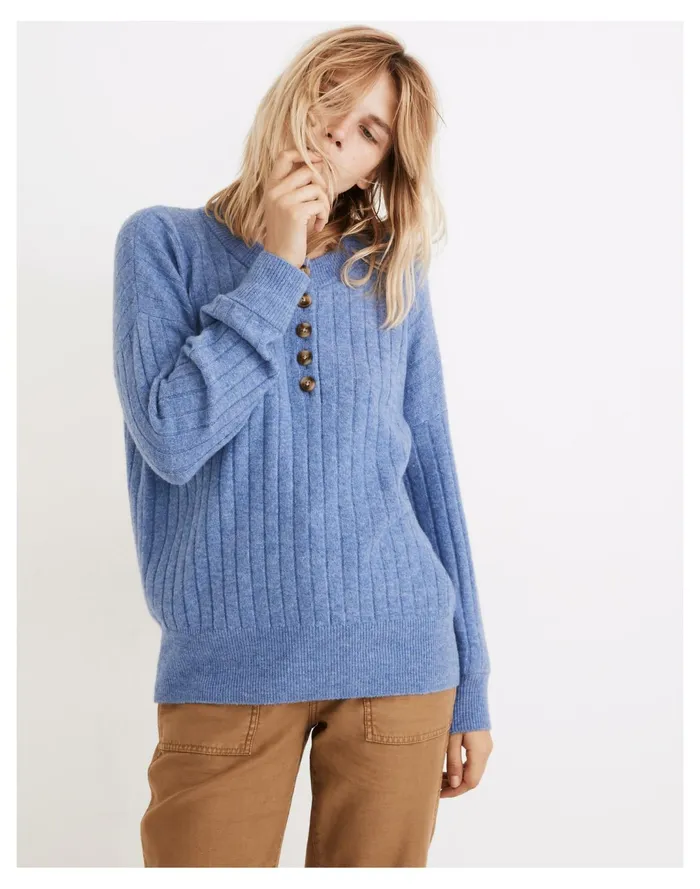 Women Bowden Henley Sweater In Coziest Yarn Heather Sky Madewell Sweaters