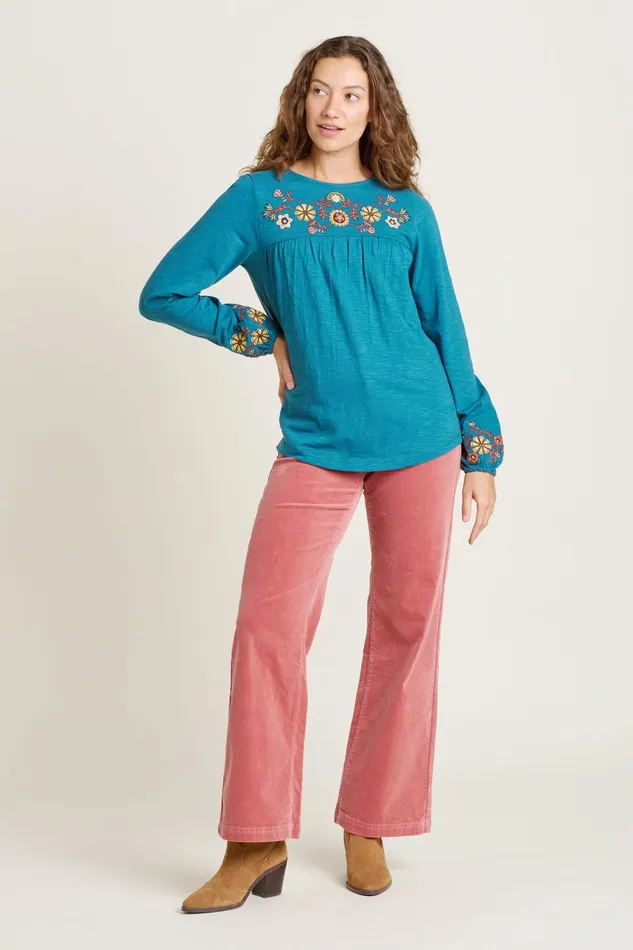 Women Brakeburn Tops TShirts And Vests Teal Folk Floral Embroidered Long Sleeve Tee
