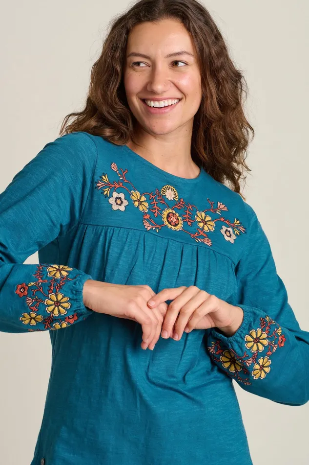 Women Brakeburn Tops TShirts And Vests Teal Folk Floral Embroidered Long Sleeve Tee