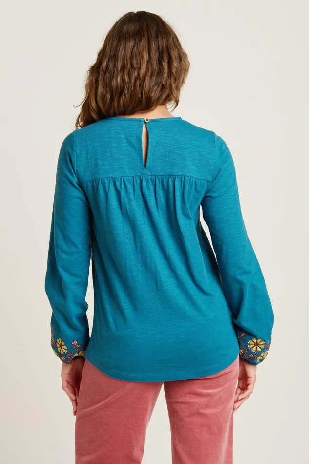 Women Brakeburn Tops TShirts And Vests Teal Folk Floral Embroidered Long Sleeve Tee