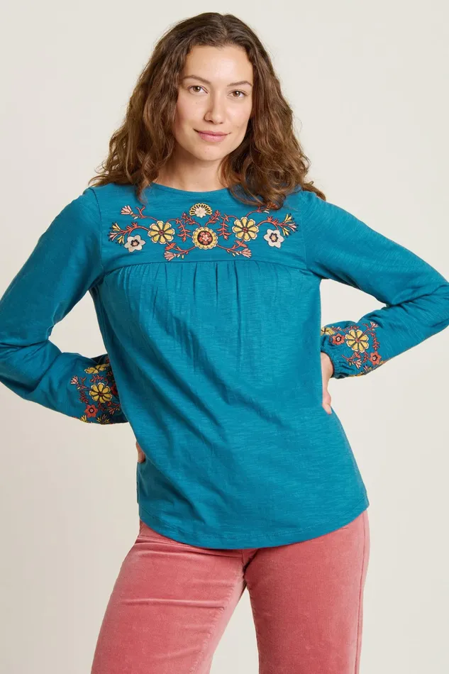 Women Brakeburn Tops TShirts And Vests Teal Folk Floral Embroidered Long Sleeve Tee