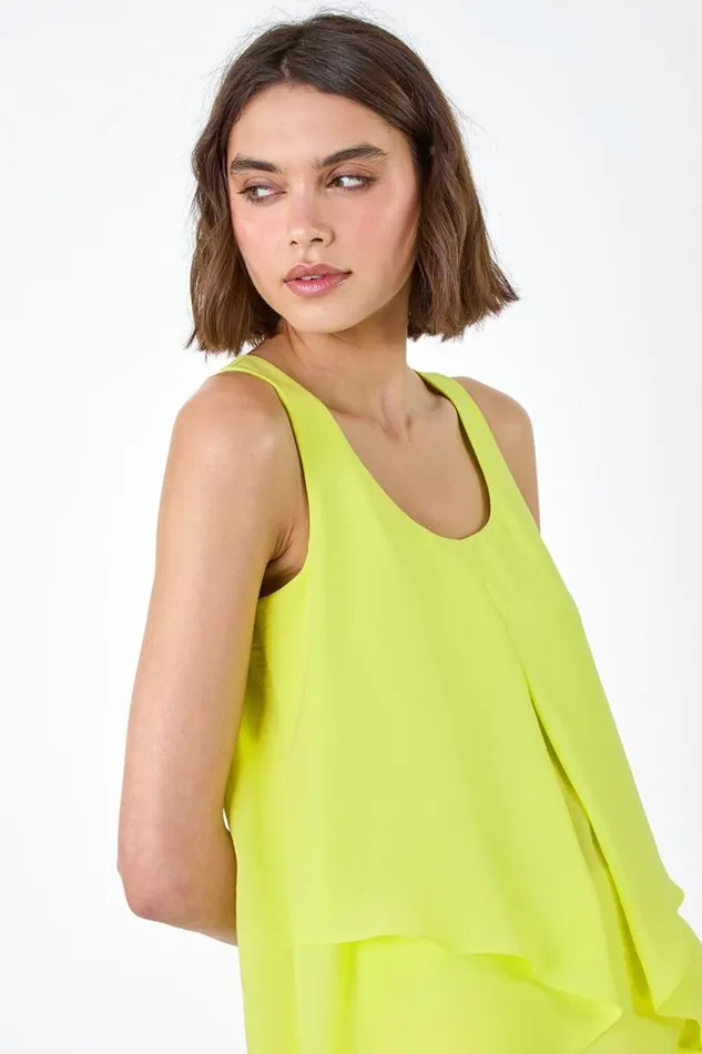 Women Bright Yellow Asymmetric Sleeveless Vest Top Roman Tops