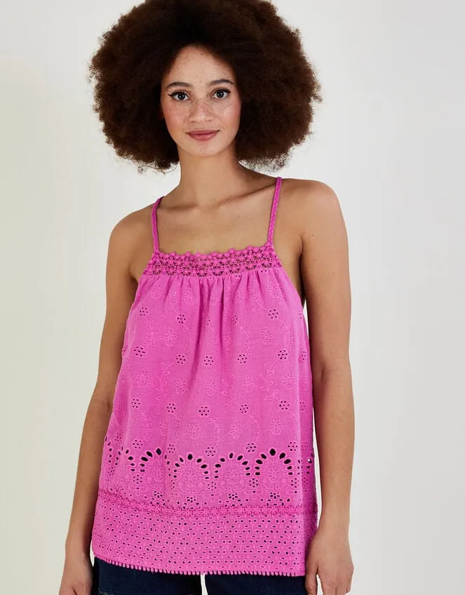 Women Broderie Detail Cami Top In Sustainable Cotton Pink Monsoon Tops and Blouses