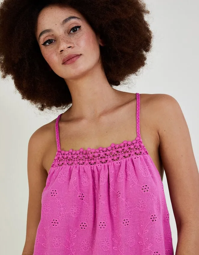 Women Broderie Detail Cami Top In Sustainable Cotton Pink Monsoon Tops and Blouses