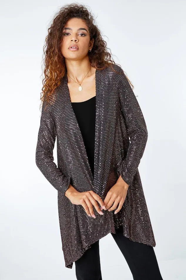 Women Bronze Sequin Sparkle Waterfall Stretch Jacket Roman Tops