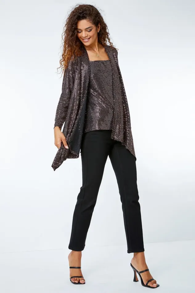 Women Bronze Sequin Sparkle Waterfall Stretch Jacket Roman Tops