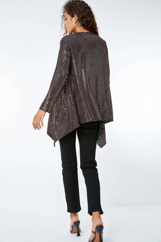 Women Bronze Sequin Sparkle Waterfall Stretch Jacket Roman Tops
