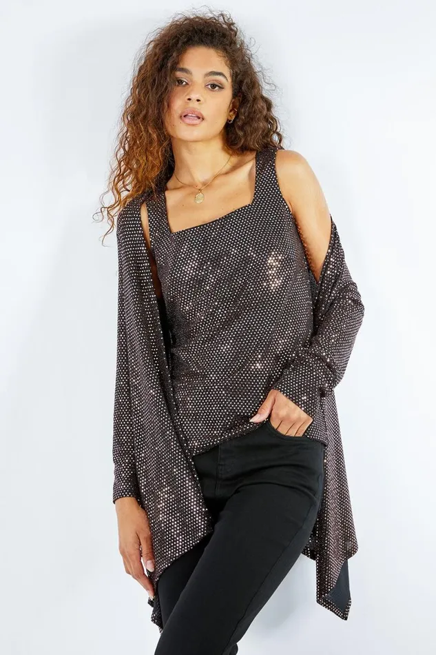 Women Bronze Sequin Sparkle Waterfall Stretch Jacket Roman Tops