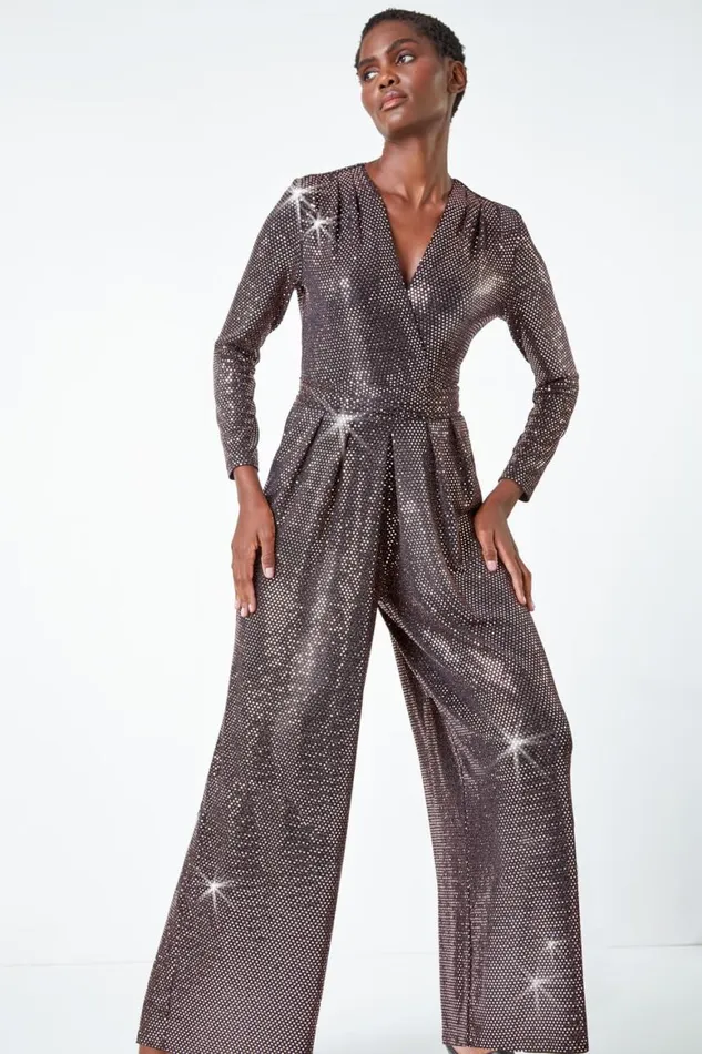 Women Bronze Sequin Wide Leg Wrap Stretch Jumpsuit Roman Jumpsuits and Playsuits
