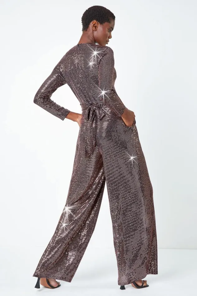 Women Bronze Sequin Wide Leg Wrap Stretch Jumpsuit Roman Jumpsuits and Playsuits