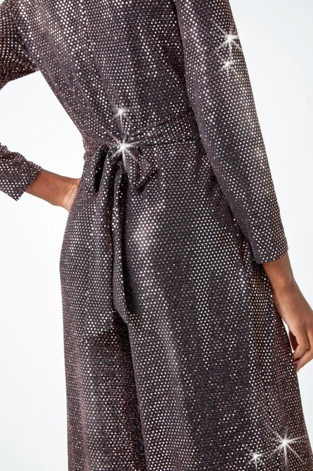 Women Bronze Sequin Wide Leg Wrap Stretch Jumpsuit Roman Jumpsuits and Playsuits