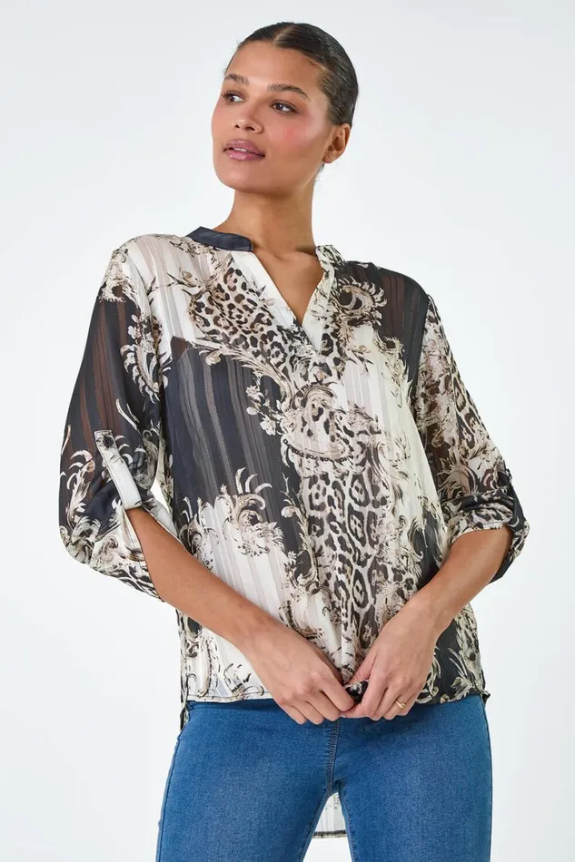 Women Bronze VNeck Animal Print Shimmer Stripe Top Roman Tops