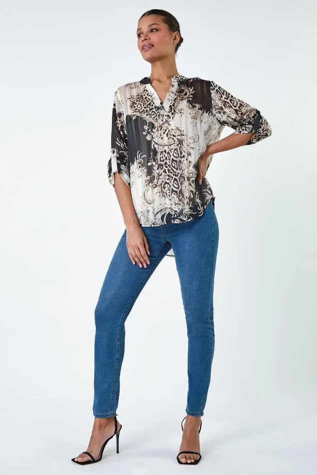 Women Bronze VNeck Animal Print Shimmer Stripe Top Roman Tops