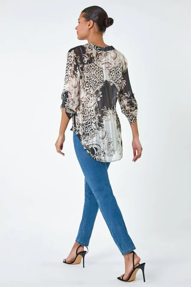 Women Bronze VNeck Animal Print Shimmer Stripe Top Roman Tops