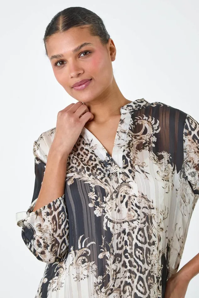 Women Bronze VNeck Animal Print Shimmer Stripe Top Roman Tops