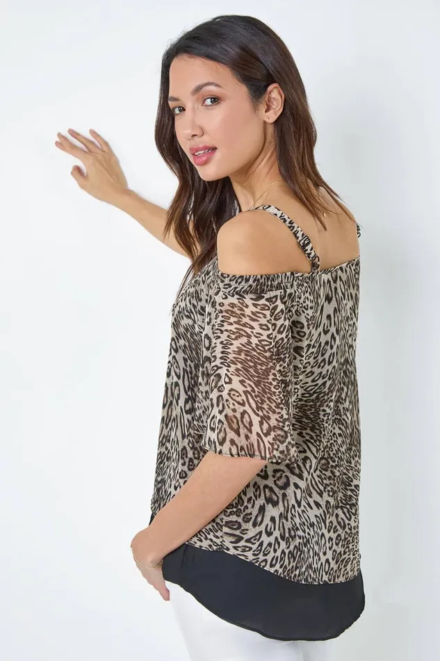 Women Brown Cold Shoulder Animal Print Chiffon Top Roman Tops