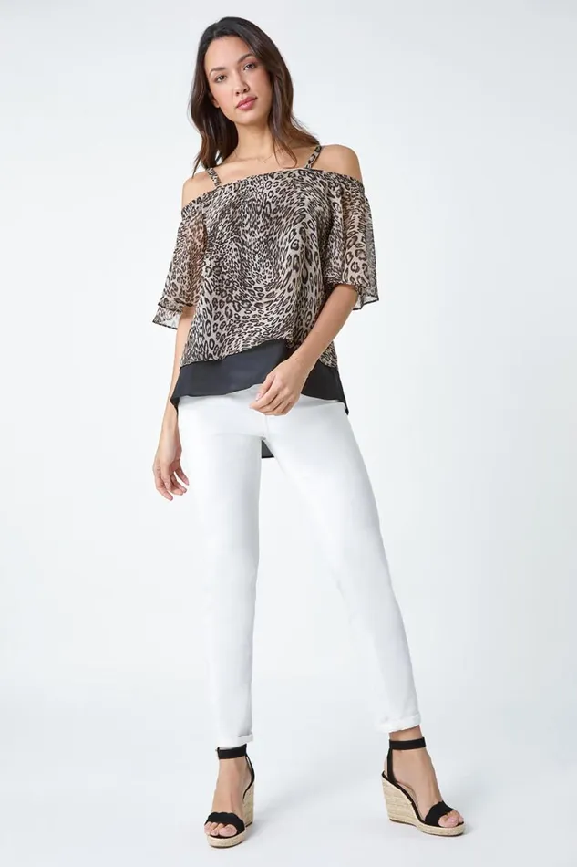 Women Brown Cold Shoulder Animal Print Chiffon Top Roman Tops