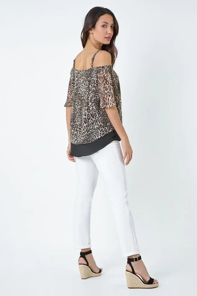 Women Brown Cold Shoulder Animal Print Chiffon Top Roman Tops
