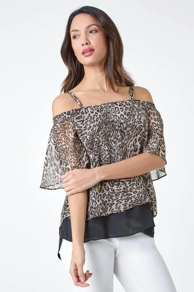 Women Brown Cold Shoulder Animal Print Chiffon Top Roman Tops