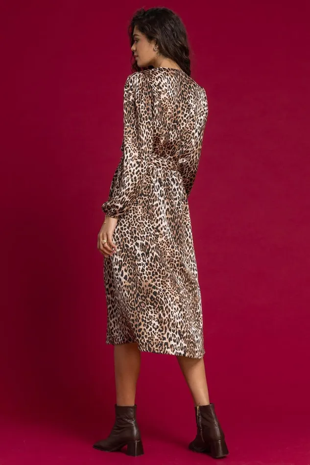 Women Brown Leopard Print Frill Trim Wrap Dress Roman Dresses