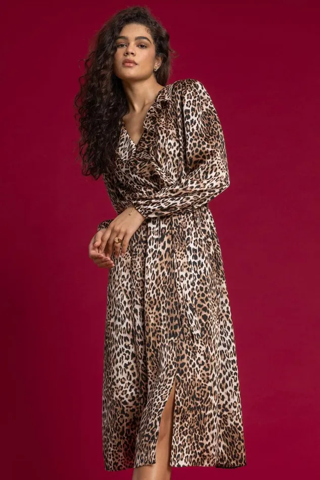 Women Brown Leopard Print Frill Trim Wrap Dress Roman Dresses
