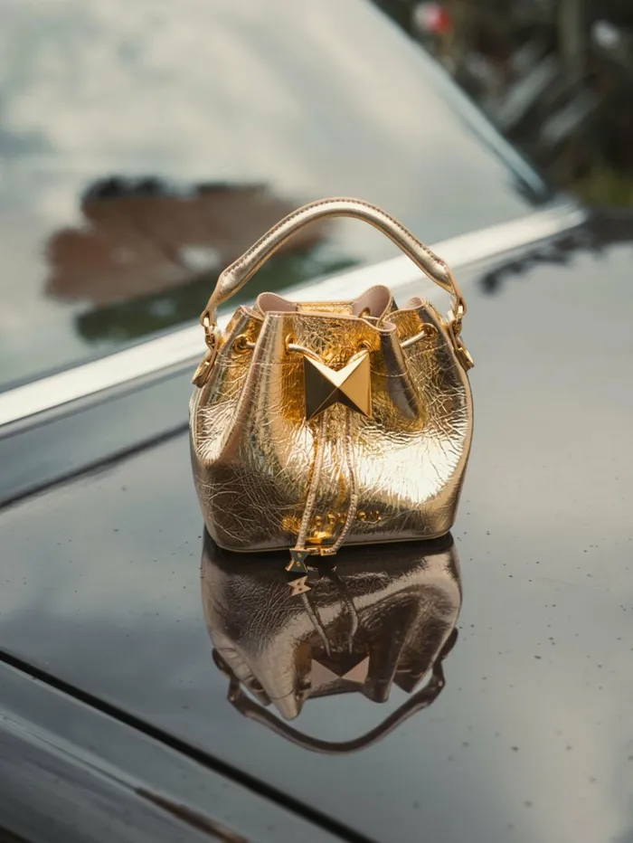 Women Bucket Bags Mac Duggal Crinkle Metallic Gold Leather Mini Bucket Bag With Detachable Strap 8211 Gold