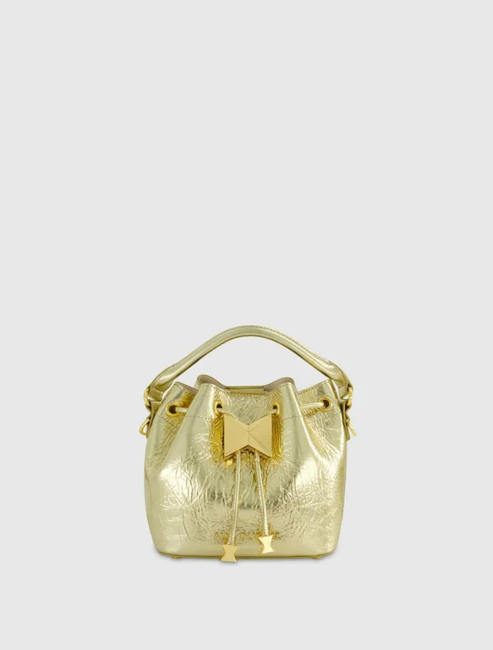 Women Bucket Bags Mac Duggal Crinkle Metallic Gold Leather Mini Bucket Bag With Detachable Strap 8211 Gold
